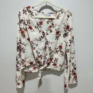 Lovefire Floral V-Neck Tie-Front Blouse, White & Rust, Long Sleeve, Sz L